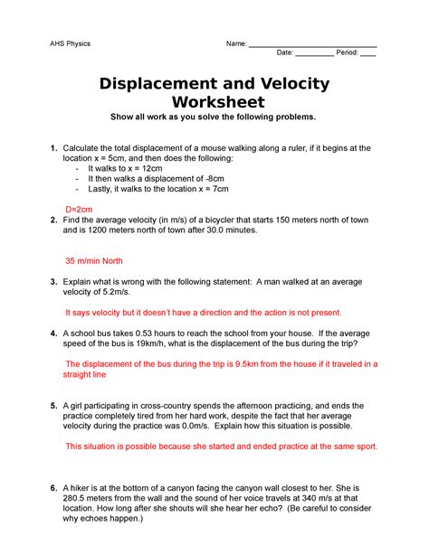 displacement and velocity worksheet answer key